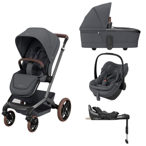 Carrinho de Bebé Maxi-Cosi Fame e Alcofa Twillic Graphite, Pebble Slide Pro Moon Graphite e Base FamilyFix Slide Pro