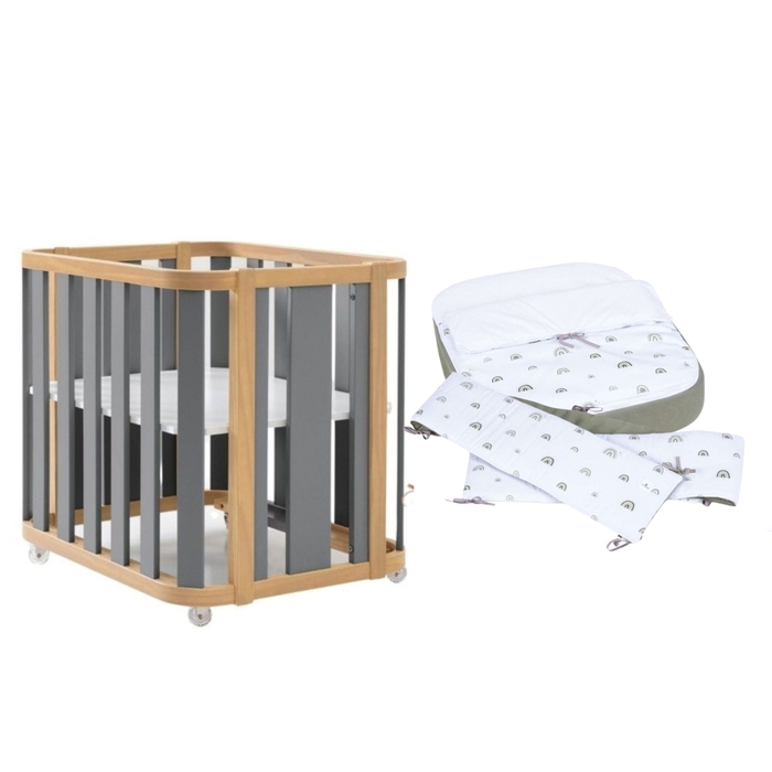 Mini Berço Convertível Alondra Crea Plus Uno Wood | Anthracite com Colchão e Têxteis - Alondra - CREAPLUS1-K21-M5058-TX127