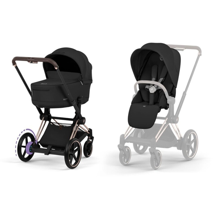 Carrinho de Bebé Cybex e-Priam Comfort Rosegold com Alcofa Dobrável Sepia Black - Cybex - 4063846549412