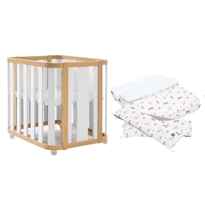 Mini Berço Convertível Alondra Crea Plus Uno Wood | White com Colchão e Têxteis - Alondra - CREAPLUS1-K21-M5011-TX148
