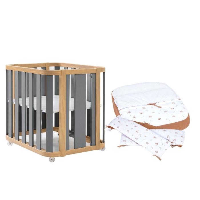 Mini Berço Convertível Alondra Crea Plus Uno Wood | Anthracite com Colchão e Têxteis - Alondra - CREAPLUS1-K21-M5058-TX123