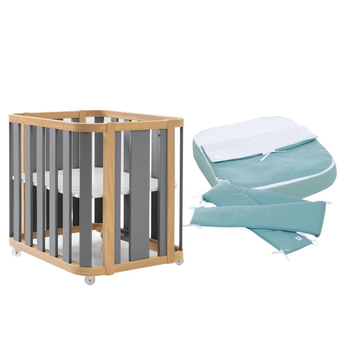 Mini Berço Convertível Alondra Crea Plus Uno Wood | Anthracite com Colchão e Têxteis - Alondra - CREAPLUS1-K21-M5058-TX181