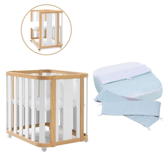 Mini Berço Convertível Alondra Crea Plus Uno Wood | White com Colchão, Kit Co-Sleeping e Têxteis - Alondra - CREAPLUS1-K22-M5011-TX055