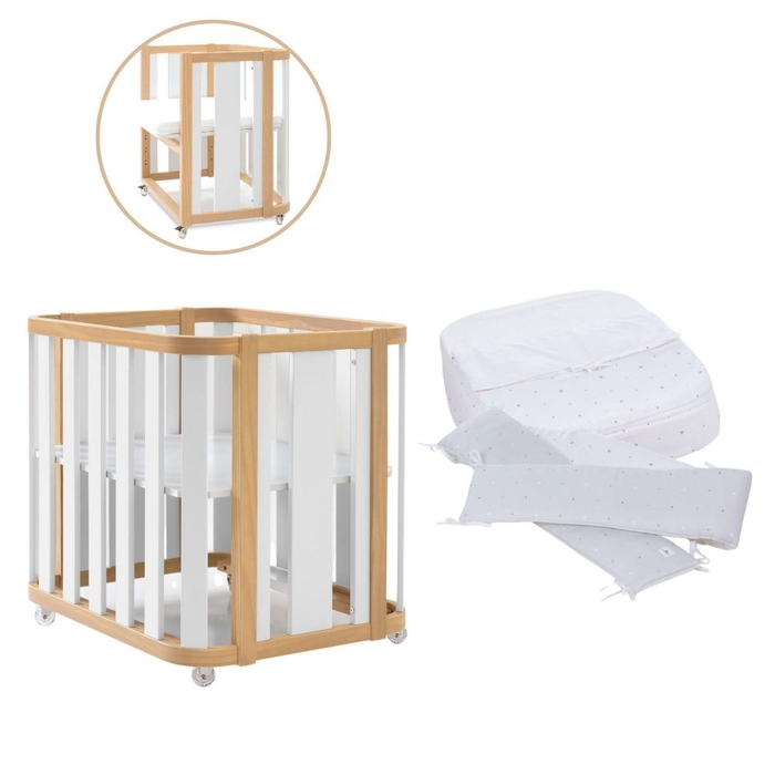 Mini Berço Convertível Alondra Crea Plus Uno Wood | White com Colchão, Kit Co-Sleeping e Têxteis - Alondra - CREAPLUS1-K22-M5011-TX114