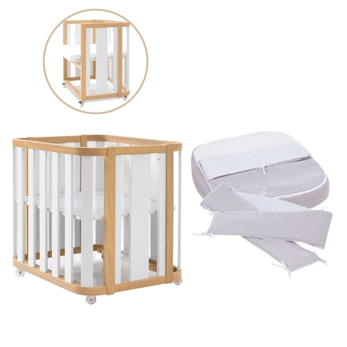 Mini Berço Convertível Alondra Crea Plus Uno Wood | White com Colchão, Kit Co-Sleeping e Têxteis - Alondra - CREAPLUS1-K22-M5011-TX178