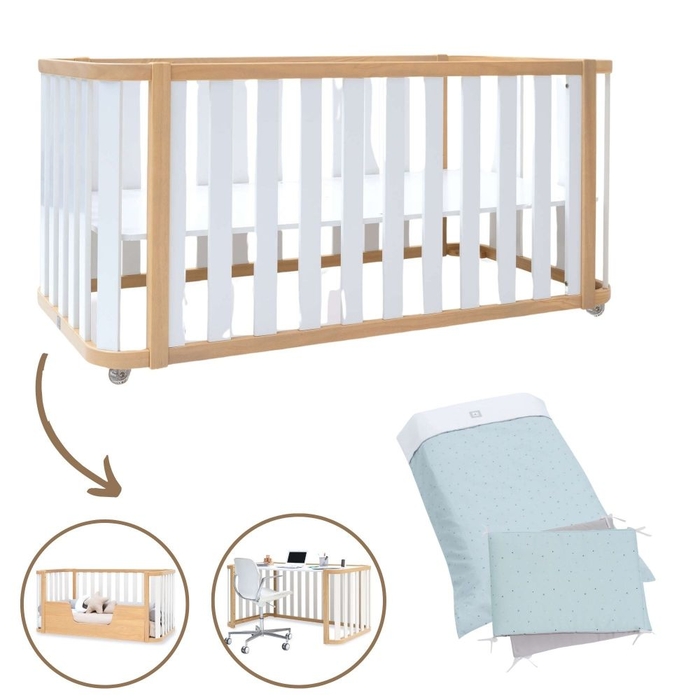 Berço Convertível Alondra Crea Plus Due Wood | White 3 em 1 com Têxteis - Alondra - CREAPLUS2-K31-M5011-TX055