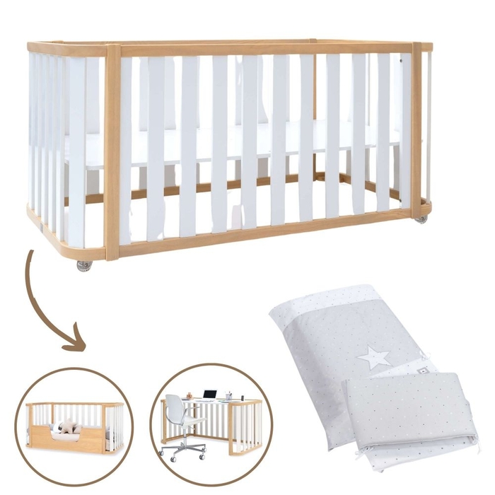 Berço Convertível Alondra Crea Plus Due Wood | White 3 em 1 com Têxteis - Alondra - CREAPLUS2-K31-M5011-TX114