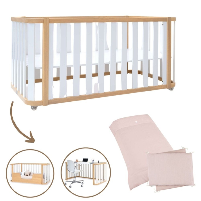 Berço Convertível Alondra Crea Plus Due Wood | White 3 em 1 com Têxteis - Alondra - CREAPLUS2-K31-M5011-TX122