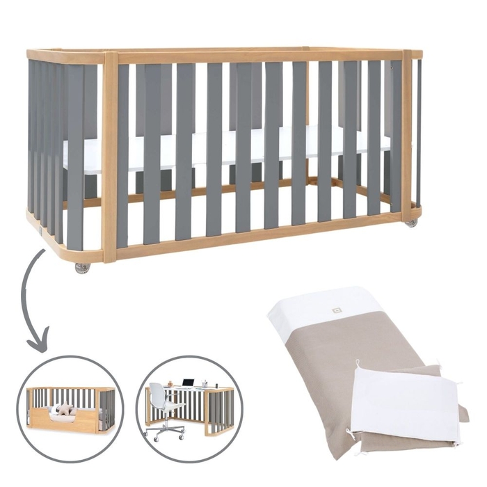 Berço Convertível Alondra Crea Plus Due Wood | Anthracite 3 em 1 com Têxteis - Alondra - CREAPLUS2-K31-M5058-TX153