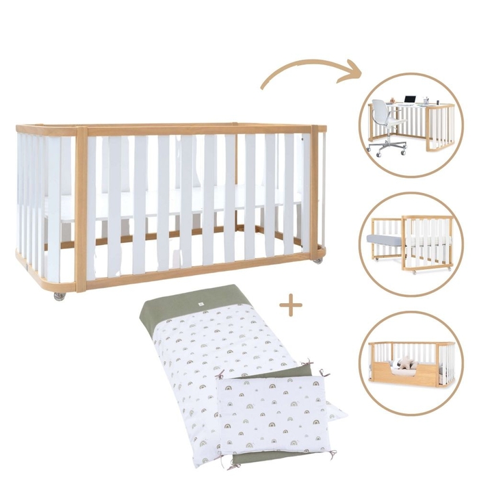 Berço Convertível Alondra Crea Plus Due Wood | White 4 em 1 Com Kit Co-Sleeping e Têxteis - Alondra - CREAPLUS2-K33-M5011-TX127