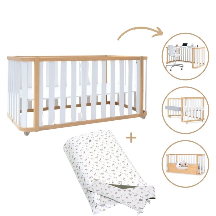 Berço Convertível Alondra Crea Plus Due Wood | White 4 em 1 Com Kit Co-Sleeping e Têxteis - Alondra - CREAPLUS2-K33-M5011-TX147