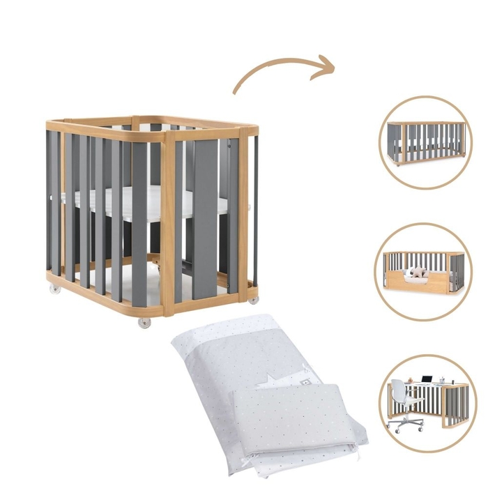 Mini Berço Convertível Alondra Crea Plus Tre Wood | Anthracite 4 em 1 com Têxteis Berço - Alondra - CREAPLUS3-K41-M5058-TX114
