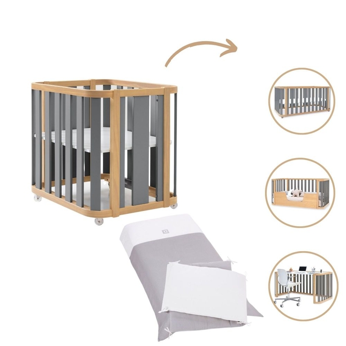 Mini Berço Convertível Alondra Crea Plus Tre Wood | Anthracite 4 em 1 com Têxteis Berço - Alondra - CREAPLUS3-K41-M5058-TX178