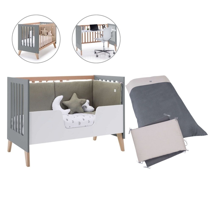 Berço Convertível Alondra Nexor Wood | Anthracite 4 em 1 com Barra Infantil e Têxteis - Alondra - NEXOR-K13-M5895-TX128