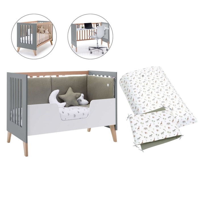 Berço Convertível Alondra Nexor Wood | Anthracite 4 em 1 com Barra Infantil e Têxteis - Alondra - NEXOR-K13-M5895-TX147