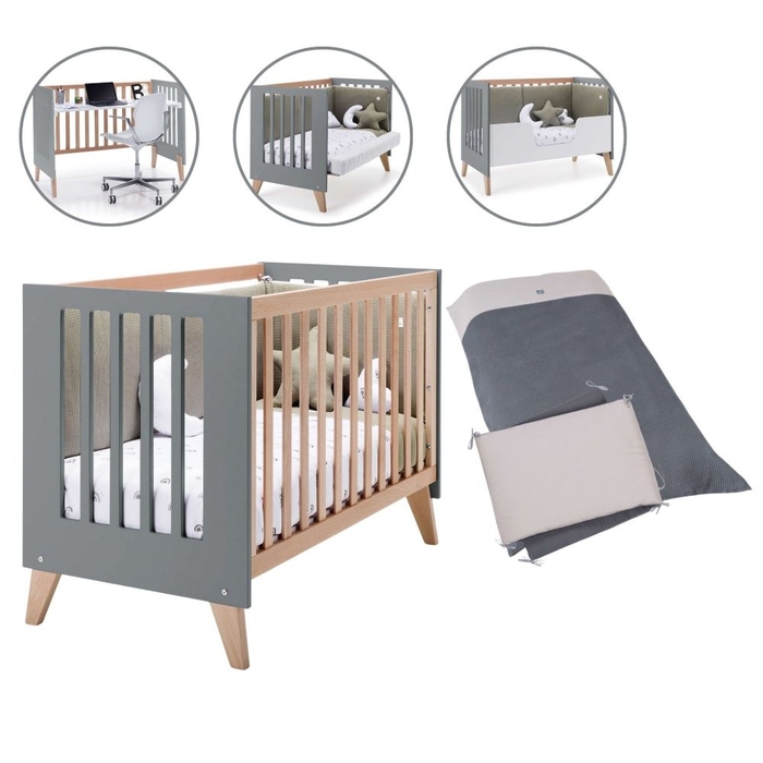 Berço Convertível Alondra Nexor Wood | Anthracite 4 em 1 com Barra Infantil, Kit Co-Sleeping e Têxteis - Alondra - NEXOR-K14-M5895-TX128