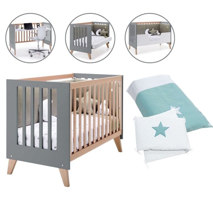 Berço Convertível Alondra Nexor Wood | Anthracite 4 em 1 com Barra Infantil, Kit Co-Sleeping e Têxteis - Alondra - NEXOR-K14-M5895-TX181