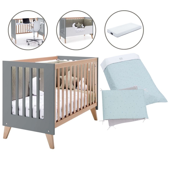 Berço Convertível Alondra Nexor Wood | Anthracite 4 em 1 com Colchão, Barra Infantil e Têxteis - Alondra - NEXOR-K15-M5895-TX055