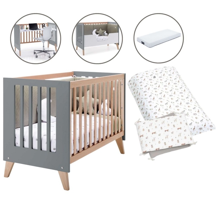 Berço Convertível Alondra Nexor Wood | Anthracite 4 em 1 com Colchão, Barra Infantil e Têxteis - Alondra - NEXOR-K15-M5895-TX148