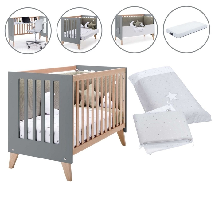 Berço Convertível Alondra Nexor Wood | Anthracite 4 em 1 com Colchão, Barra Infantil, Kit Co-Sleeping e Têxteis - Alondra - NEXOR-K16-M5895-TX114