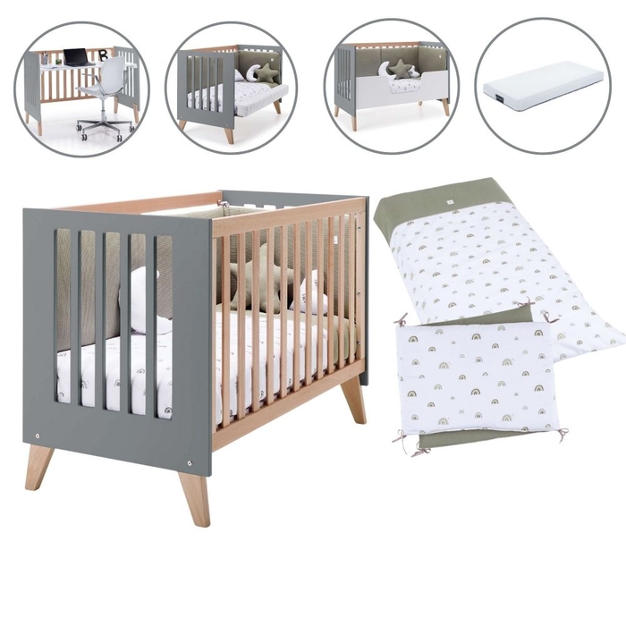 Berço Convertível Alondra Nexor Wood | Anthracite 4 em 1 com Colchão, Barra Infantil, Kit Co-Sleeping e Têxteis - Alondra - NEXOR-K16-M5895-TX127