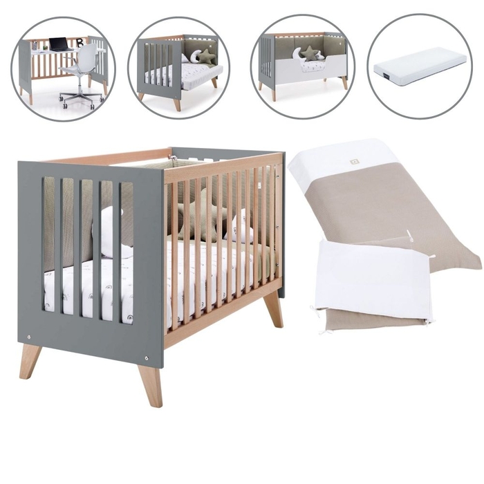 Berço Convertível Alondra Nexor Wood | Anthracite 4 em 1 com Colchão, Barra Infantil, Kit Co-Sleeping e Têxteis - Alondra - NEXOR-K16-M5895-TX153