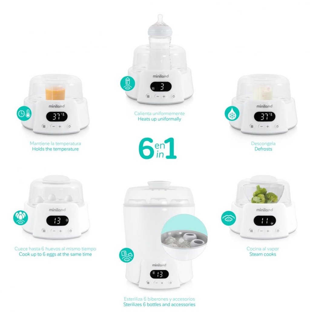 Aquecedor de Biberões e Esterilizador Miniland Super 6 - Miniland - 8413082892333