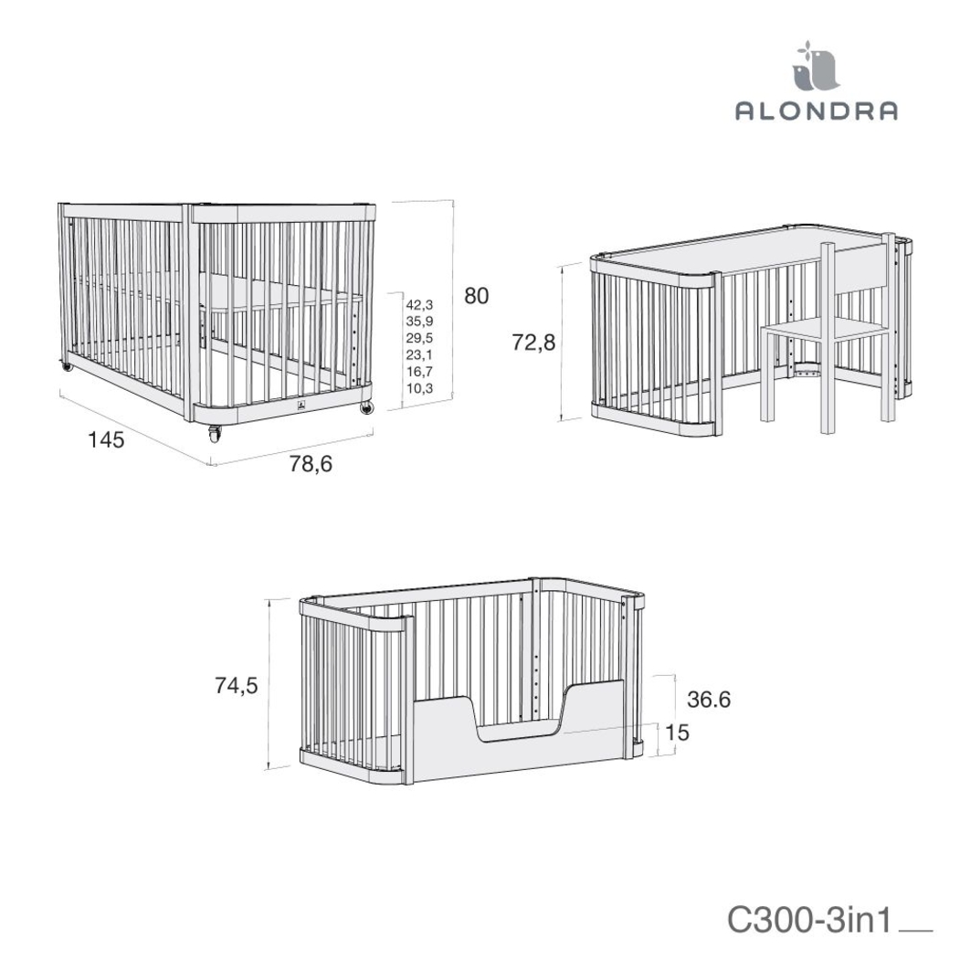 Berço Alondra Crea Due Nomad 3 em 1 com Têxteis - Alondra - CREA2-K31-M5000-TX121