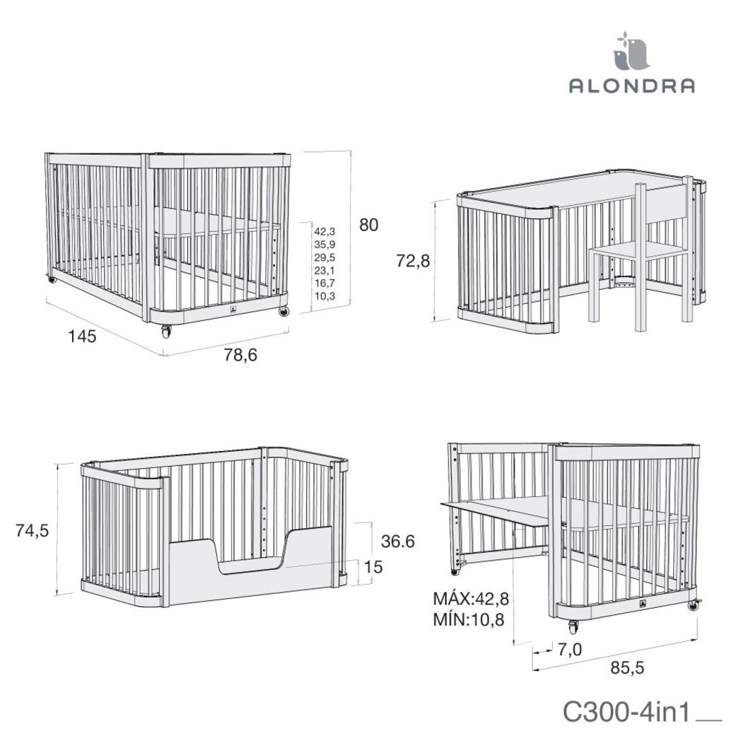 Berço Alondra Crea Due White 3 em 1 com Colchão, Kit Co-Sleeping e Têxteis - Alondra - CREA2-K36-M1100-TX148