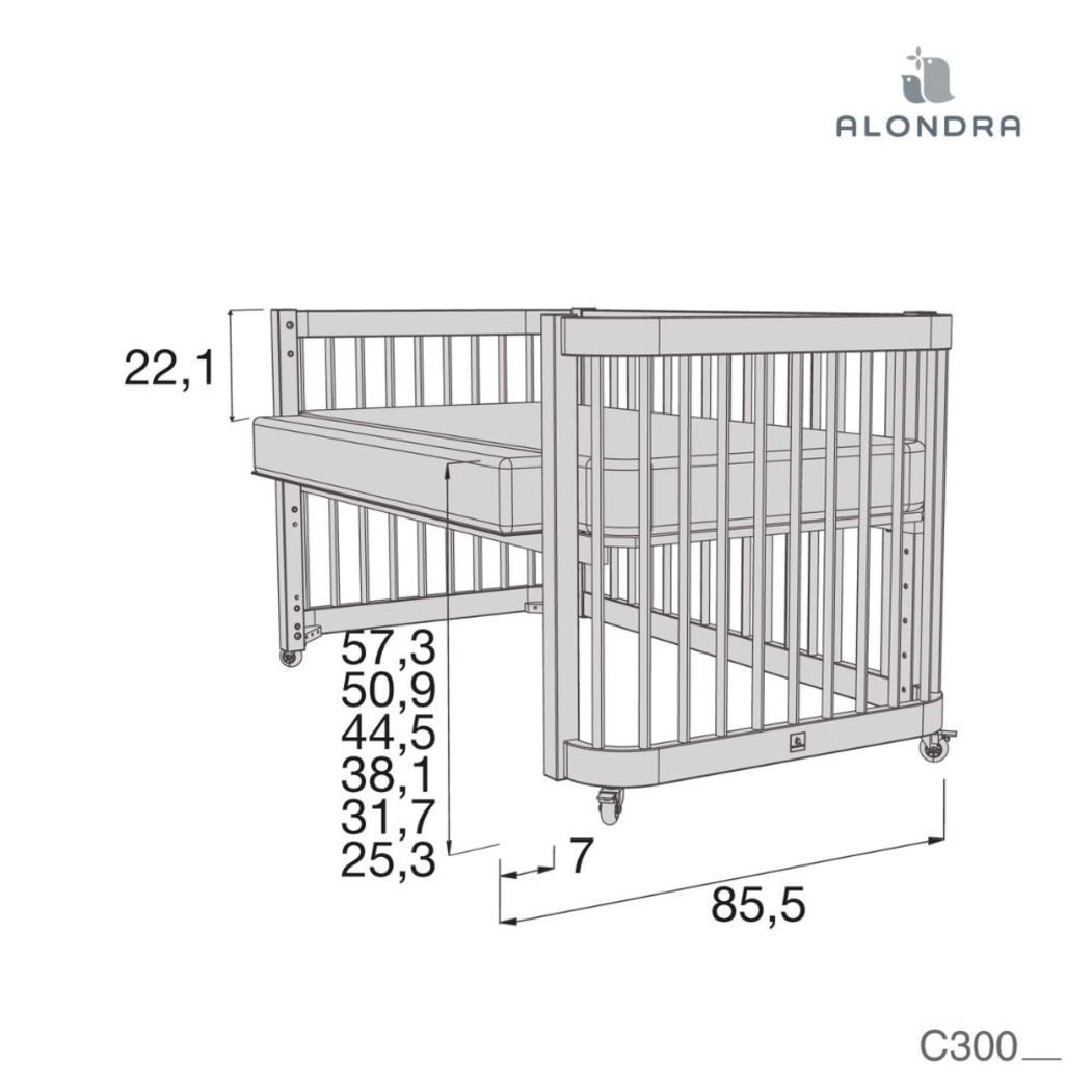 Berço Alondra Crea Due White 3 em 1 com Colchão, Kit Co-Sleeping e Têxteis - Alondra - CREA2-K36-M1100-TX178
