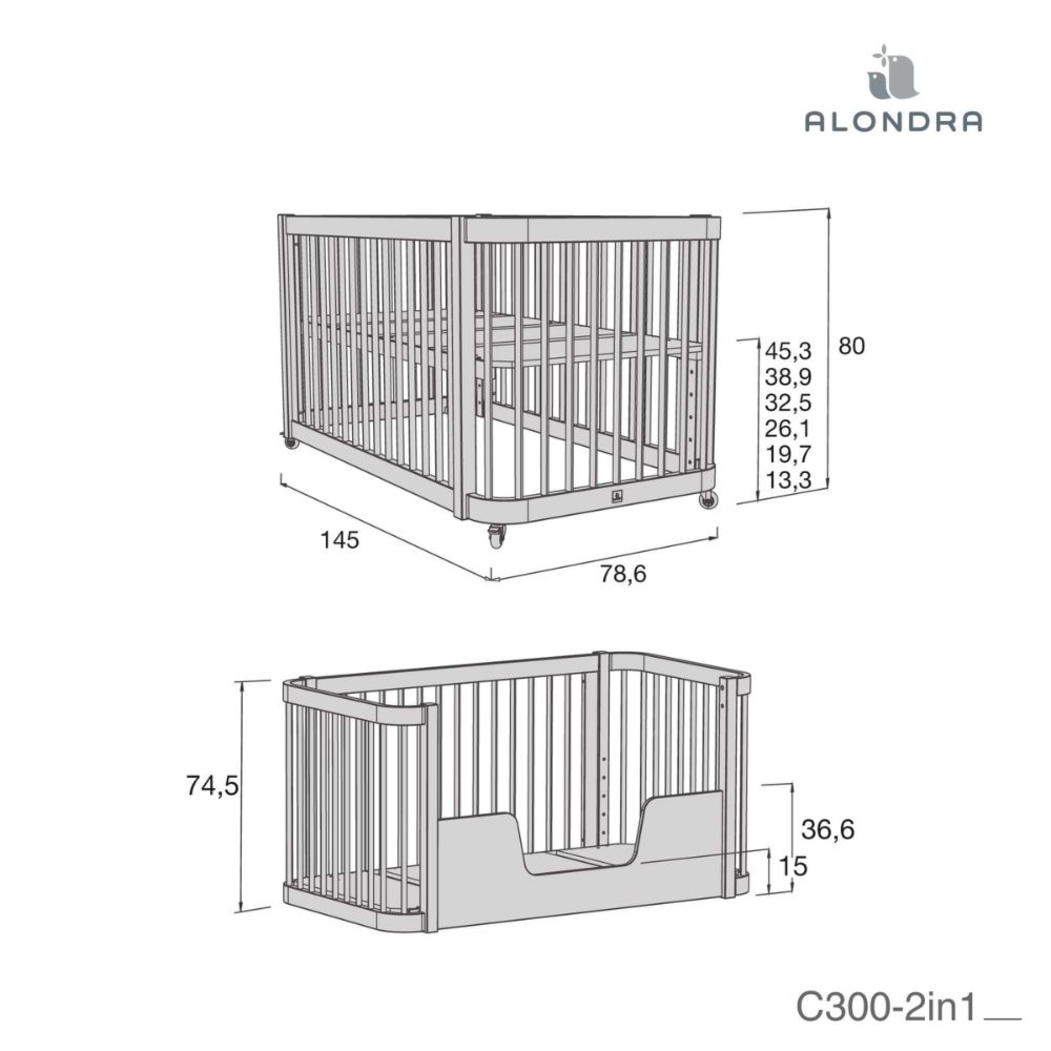 Berço Alondra Crea Due Nomad 3 em 1 com Colchão, Kit Co-Sleeping e Têxteis - Alondra - CREA2-K36-M5000-TX123