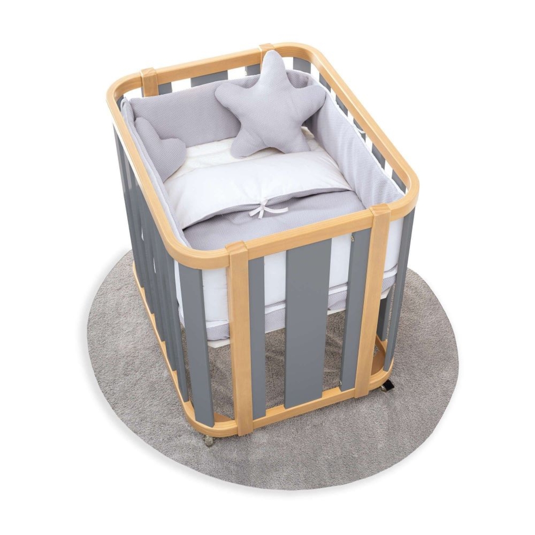 Mini Berço Convertível Alondra Crea Plus Uno Wood | Anthracite com Colchão e Têxteis - Alondra - CREAPLUS1-K21-M5058-TX127