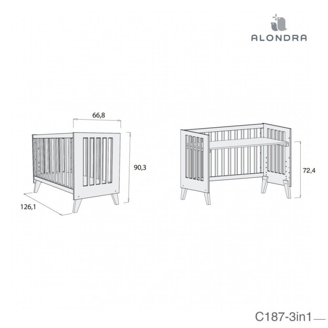 Berço Alondra Nexo White | Pinho Lacado 4 em 1 com Colchão, Barra Infantil e Têxteis - Alondra - NEXO-K15-M7700-TX128