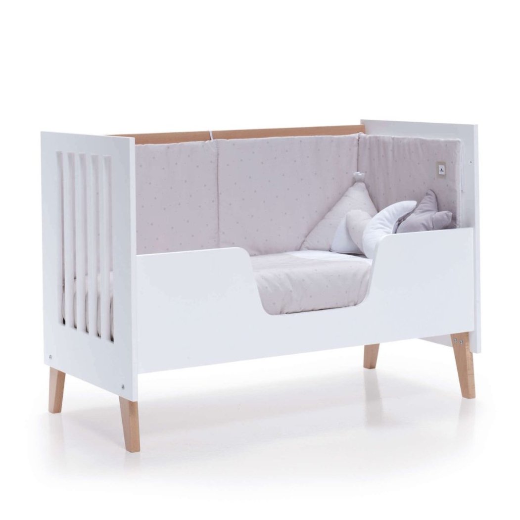 Berço Convertível Alondra Nexor Wood | White 4 em 1 com Barra Infantil e Têxteis - Alondra - NEXOR-K13-M7795-TX153