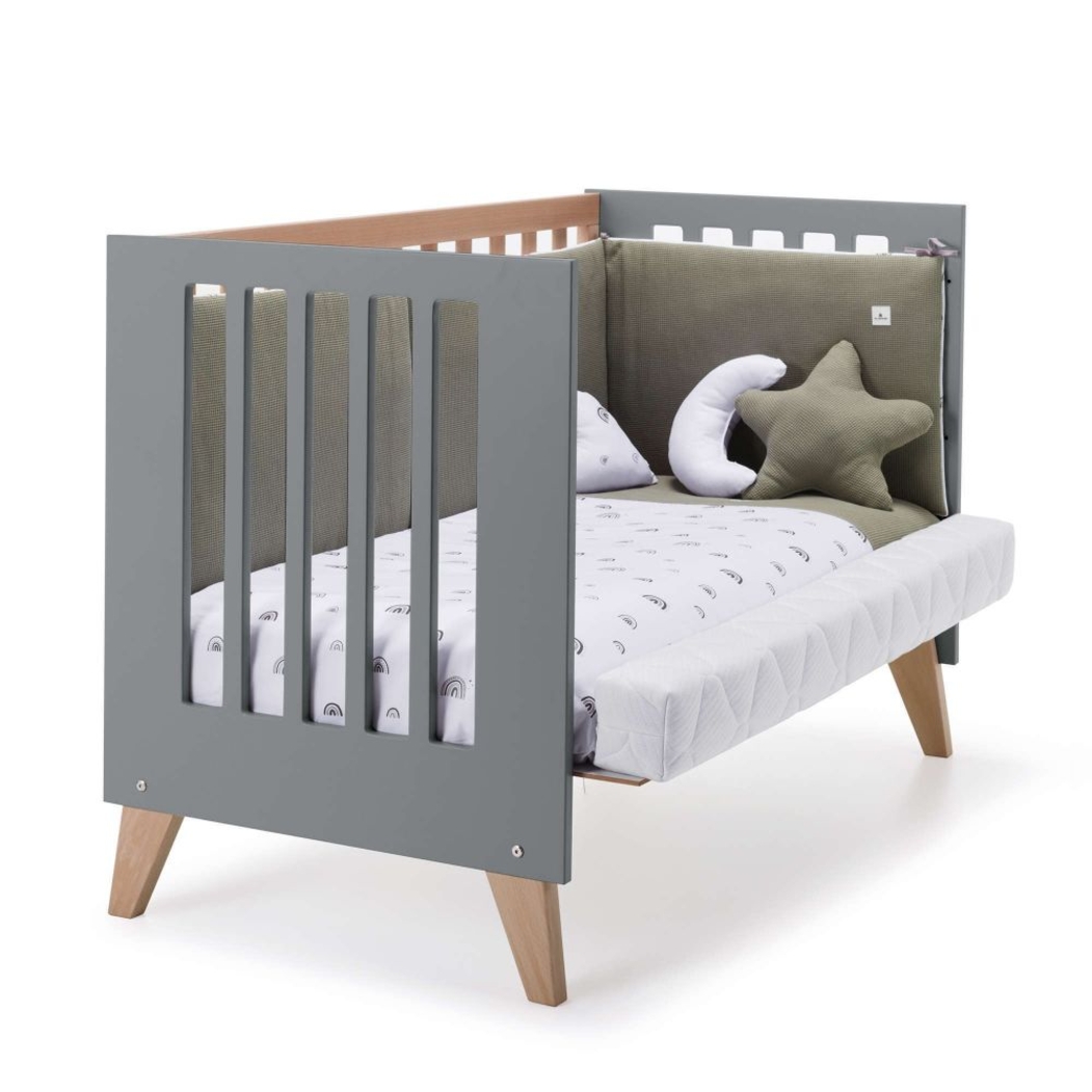 Berço Convertível Alondra Nexor Wood | Anthracite 4 em 1 com Barra Infantil, Kit Co-Sleeping e Têxteis - Alondra - NEXOR-K14-M5895-TX181