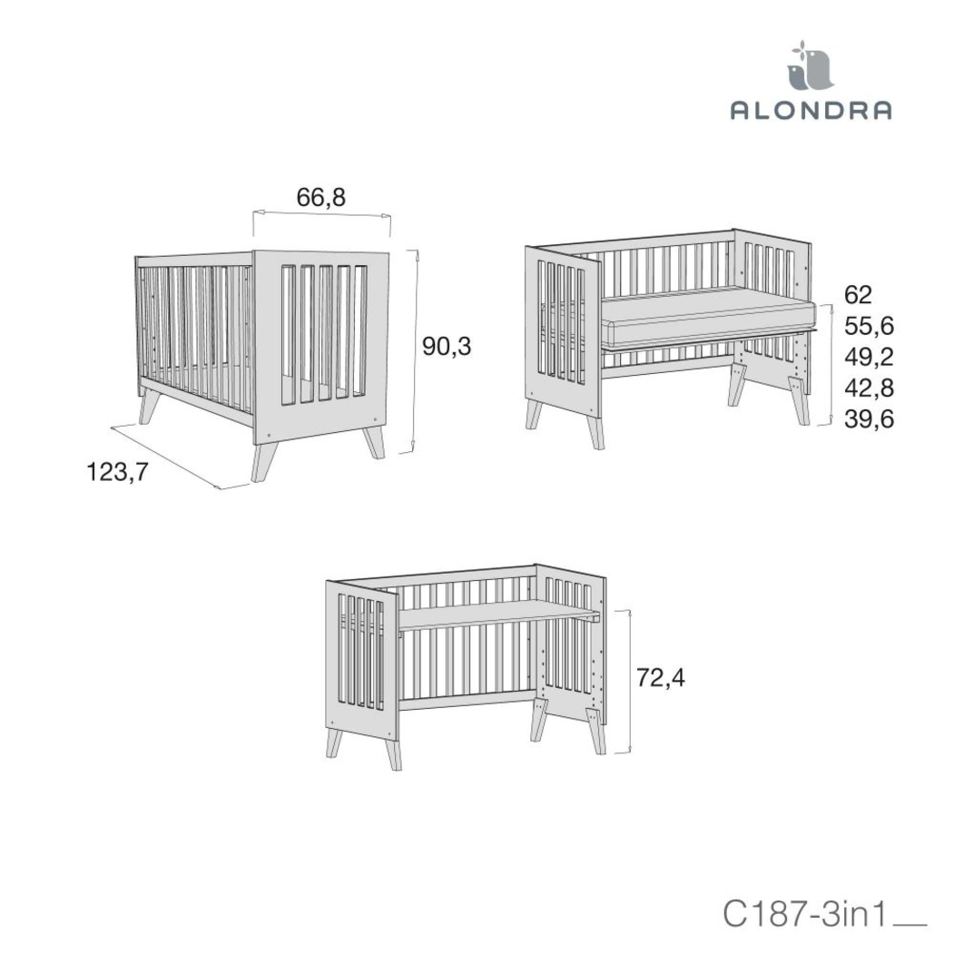 Berço Convertível Alondra Nexor Wood | Anthracite 4 em 1 com Barra Infantil, Kit Co-Sleeping e Têxteis - Alondra - NEXOR-K14-M5895-TX181