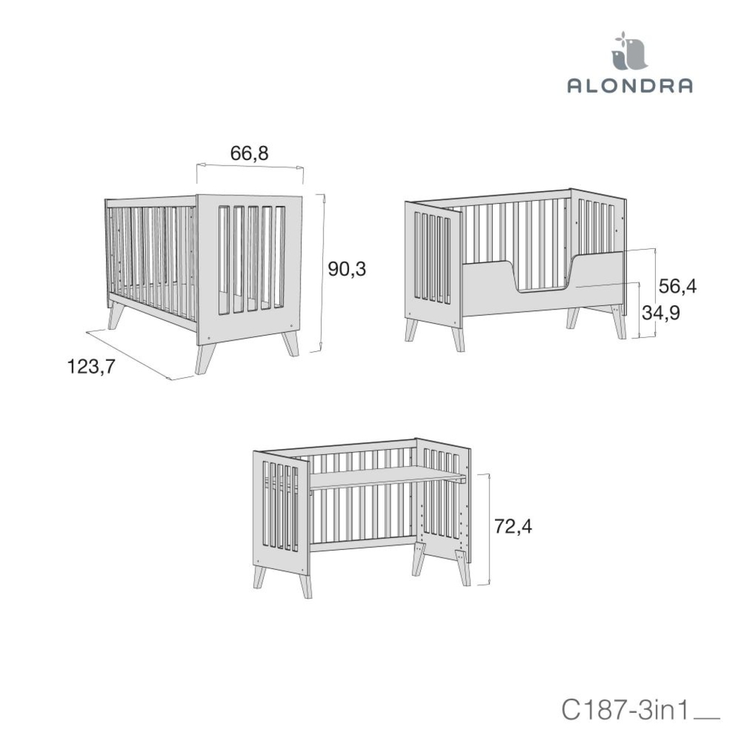 Berço Convertível Alondra Nexor Wood | Anthracite 4 em 1 com Barra Infantil, Kit Co-Sleeping e Têxteis - Alondra - NEXOR-K14-M5895-TX181